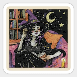 A Lofi Witch with her cat Sticker